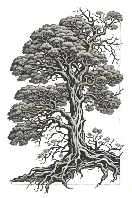 tree half alive half dead oak tree tattoo design idea