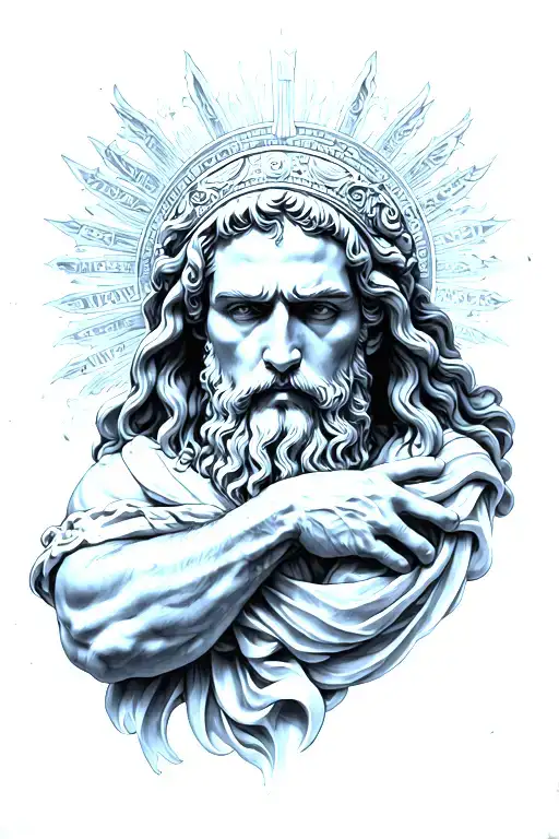 Design a full tattoo sleeve that blends Greek mythology, stoic virtues, the battle of good vs evil, and the spirit of ad tattoo design idea