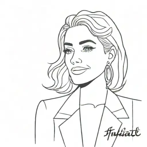 A minimalist tattoo design featuring a portrait of a smiling woman in a sharp suit. She has an 80s-90s style voluminous  tattoo design idea