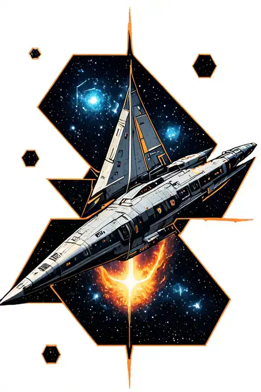 normandy sr2 ship from mass effect, Orion's belt star constellation, and hexagons tattoo design idea