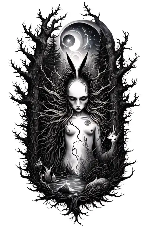 A hauntingly beautiful tattoo depicting a broken spirit finding solace in a mystical forest filled with magical creatures and elements tattoo design idea