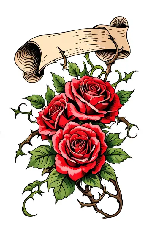 red roses with thorns and vines with a scroll ontop tattoo design idea