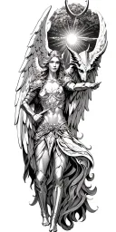 angels in armor fighting devil sunshine cross tattoo design idea