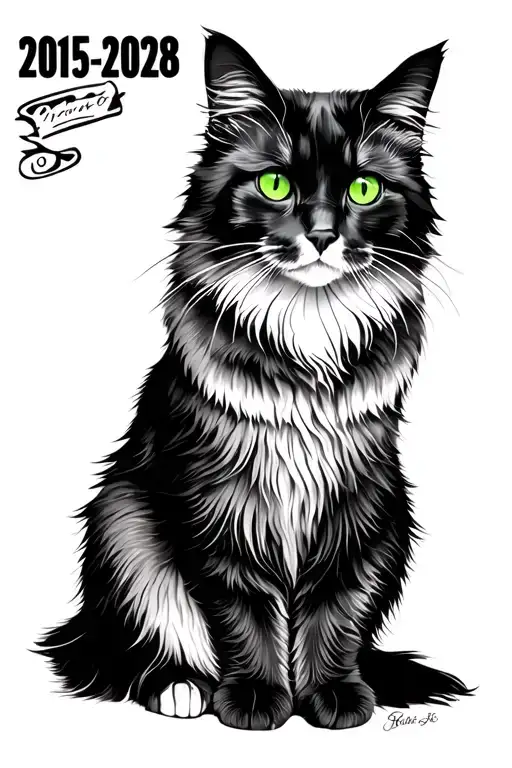 "2015-2028" a majestic black norweigan forest cat sitting up with green eyes tattoo design idea