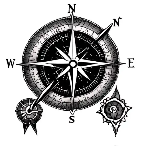 a forearm tattoo featuring a pilots compass with Maggie in the west, Paige in the east and Tara in the north.  tattoo design idea