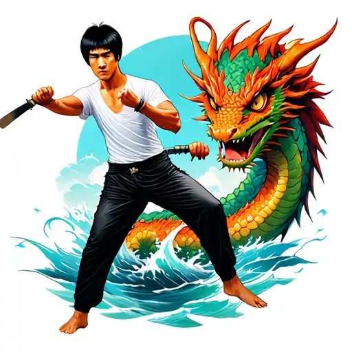 Bruce Lee stands in a combat pose with nunchaki in front of him in a white T -shirt and black pants and on the background of a water dragon tattoo design idea