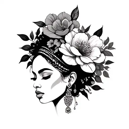 floral African queen tattoo design idea