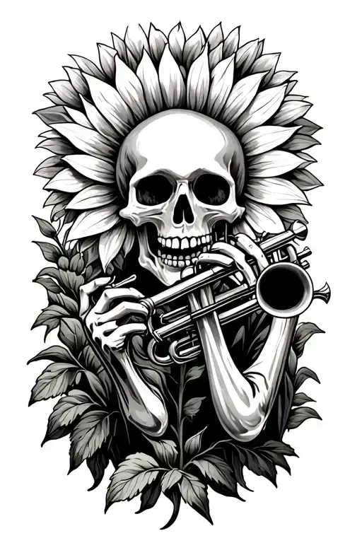 skeleton playing trumpet in the sunflower field tattoo design idea