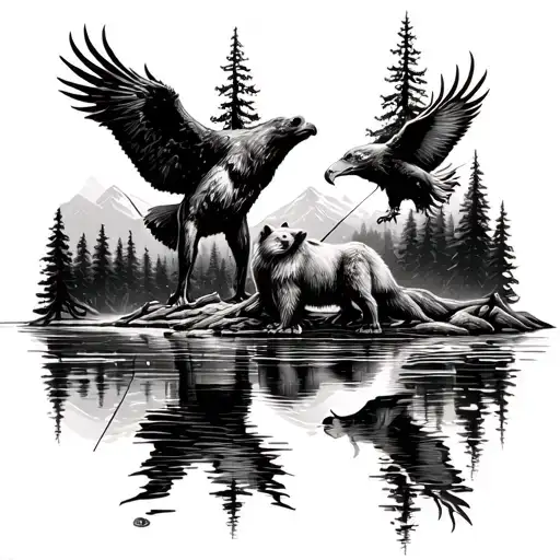wildlife scenery woods lake fishing deer bear eagles tattoo design idea