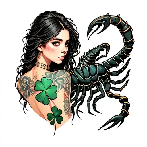 The girl stands sideways sideways, she has a clover tattoo from the collarbone to her neck, Scorpio bites her leg tattoo design idea
