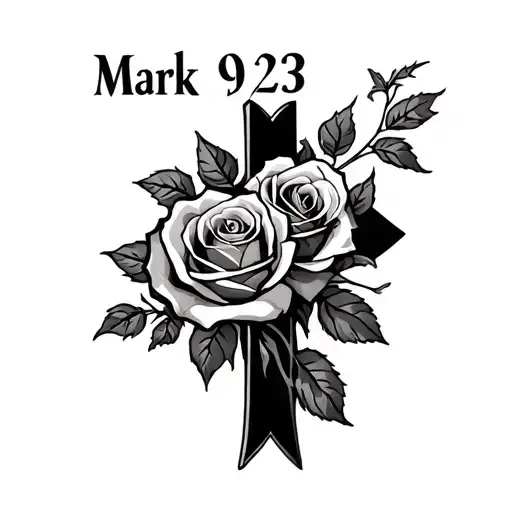 "Mark 9:23" roses cross intertwined tattoo design idea
