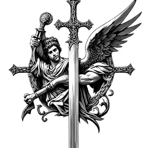st Michael with sword and cross surrounded tattoo design idea