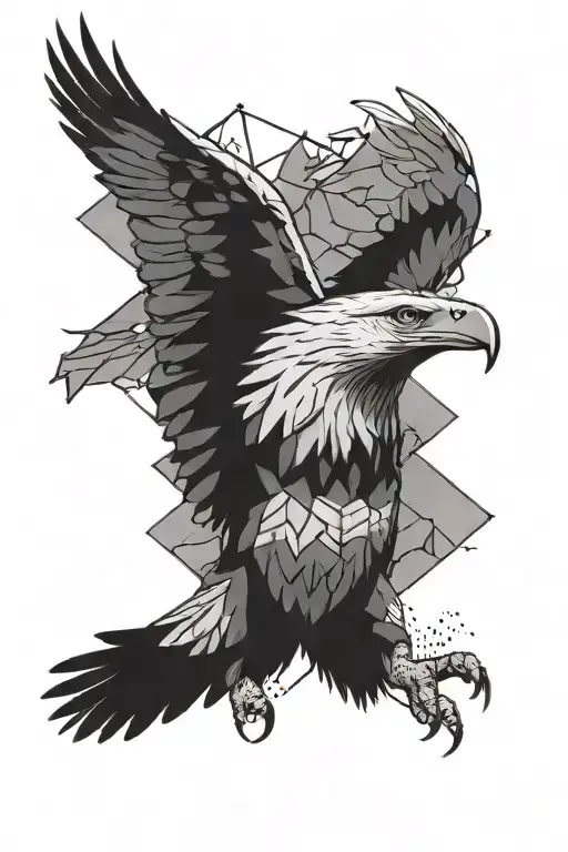 eagle with mountains and hexagons containing scenes tattoo design idea