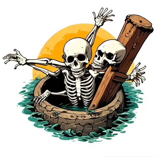 bird's eye view of a skeleton falling down a well tattoo design idea