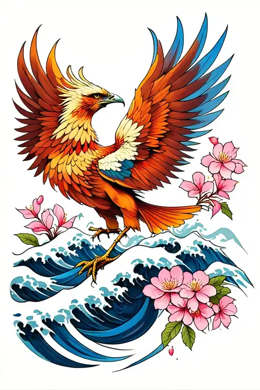 phoenix tattoo with waves and cherry blossoms tattoo design idea