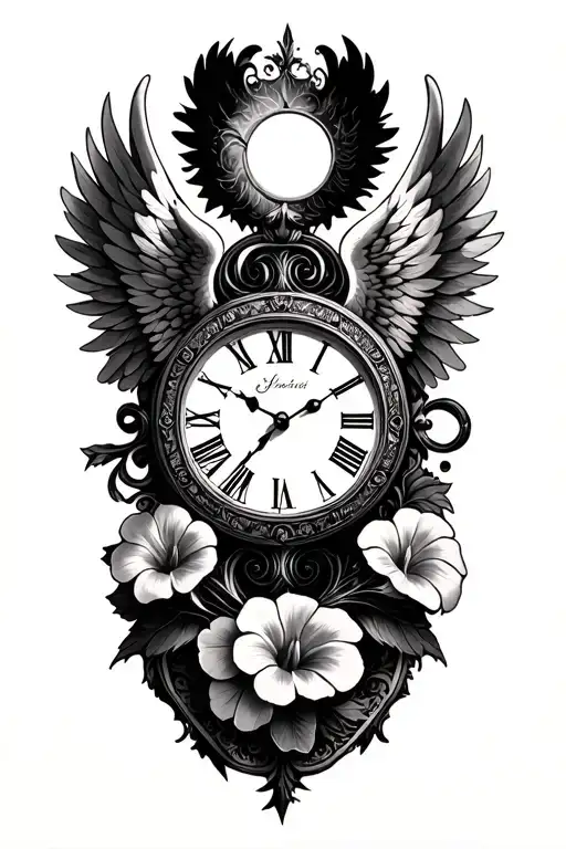 Morning Glory, Timepiece Clock: The central element, angel wings tattoo design idea