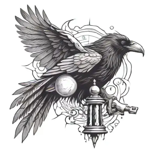 raven wings with sun , king chess piece and rain cloud tattoo design idea