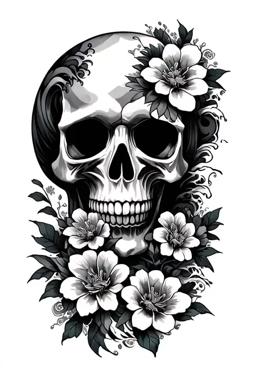skull, flowers and Japanese waves with tattoo design idea