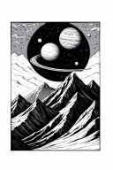 snowy mountain peaks with the the planets above tattoo design idea