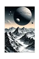 snowy mountain peaks with the the planets above tattoo design idea