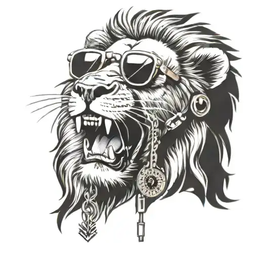 A lion wearing sunglasses and a gold chain, rapping into a microphone with sun rays in the background tattoo design idea