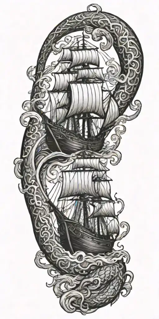 viking, sea, sea serpent, viking ship tattoo design idea