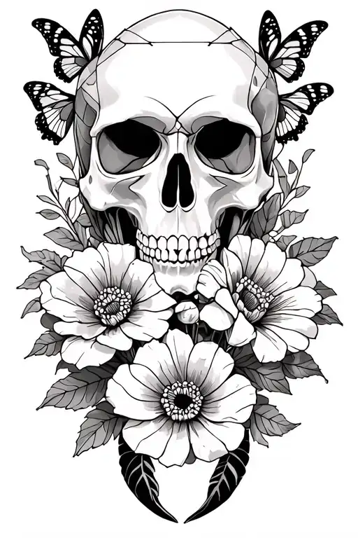 Skull centerpiece with shading, Large bold flowers, butterflies, Some mandala-style geometric detail, Scorpio (scorpion) tattoo design idea