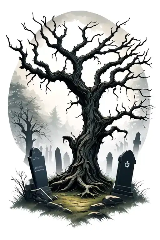 "Realistic horror tattoo design, cinematic portraits, foggy haunted graveyard with crooked gravestones and twisted trees tattoo design idea