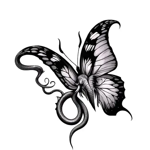 semi colon in a butterfly mixed with maleficent horns and elephant and medusa snakes  tattoo design idea