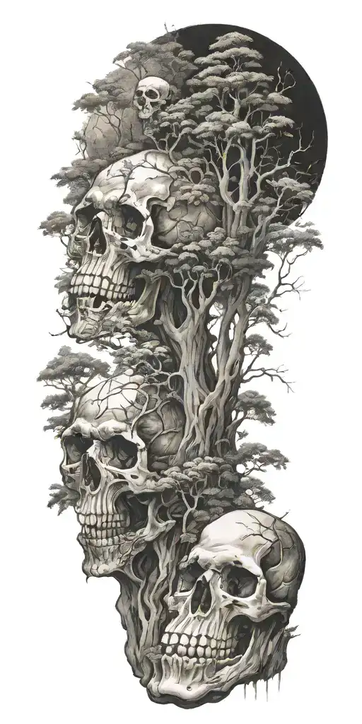 A mysterious forest scene with towering trees and hidden skulls scattered throughout tattoo design idea