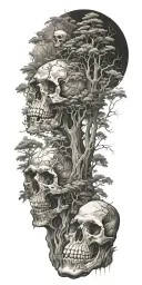 A mysterious forest scene with towering trees and hidden skulls scattered throughout tattoo design idea