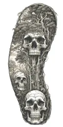 A mysterious forest scene with towering trees and hidden skulls scattered throughout tattoo design idea