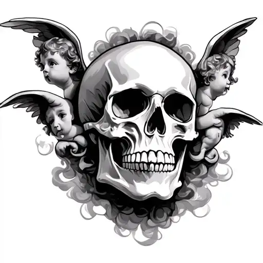 skull, with smokey shading going around and above it, with 2 cherubs abive the skull in the smokey shading, traditional  tattoo design idea