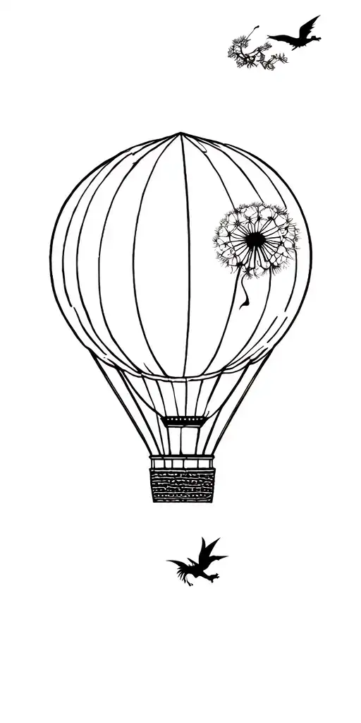 hot air balloon with dandelion as balloon and dragon flys flyong off the top tattoo design idea