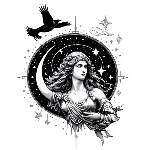 Athena Goddess with raven flying and moon surrounded and pisces constellation tattoo design idea