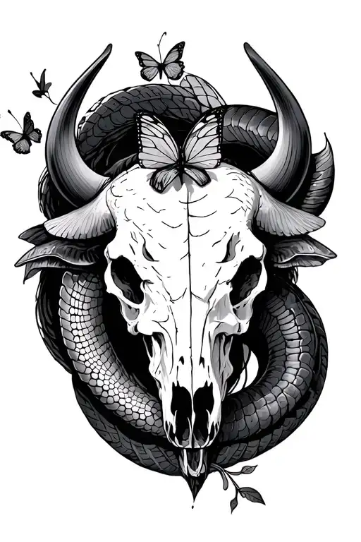 buffalo skull serpent butterfly  tattoo design idea