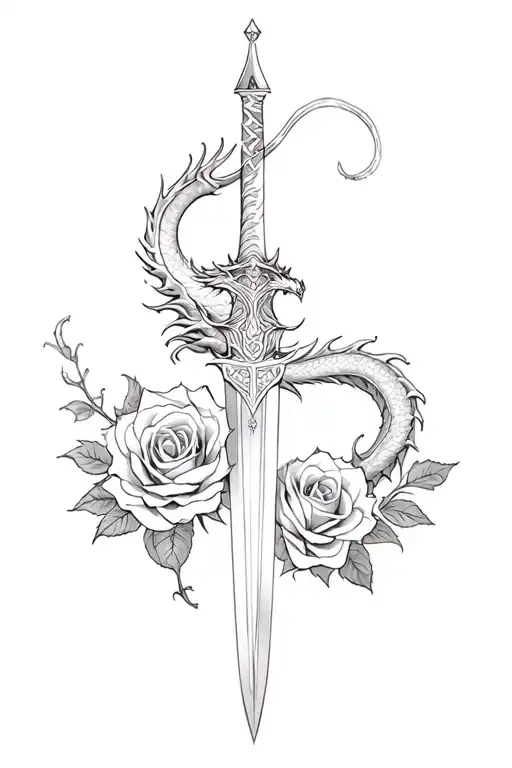 dragon and dagger and roses tattoo design idea