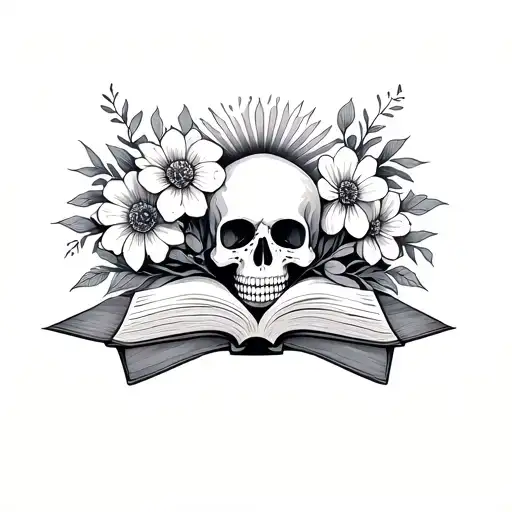 skulls flowers books sun and moon tattoo design idea