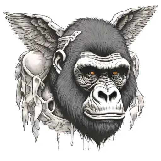 a gorilla head with bandages teeth shininggorillas headripped from the body bleeding and has large wings in behind it tattoo design idea