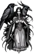 The Morrigan Goddess of Death and a large crow.  Beautiful but terrifying. Wearing a dress with a cloak.  tattoo design idea