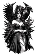 The Morrigan Goddess of Death and a large crow.  Beautiful but terrifying. Wearing a dress with a cloak.  tattoo design idea