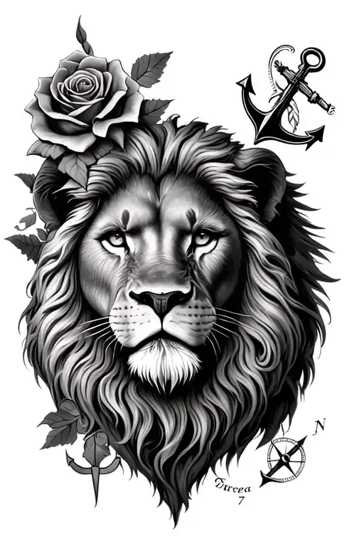 Tattoo sleeve with a lion face as a the base surrounded by a compass, a rose and an anchor. realism black and grey tattoo design idea