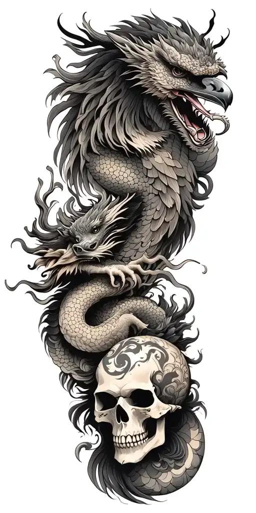 Chinese dragon and phoenix and skull and moon and raven tattoo design idea