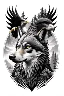wolf, eagle, and trees tattoo design idea