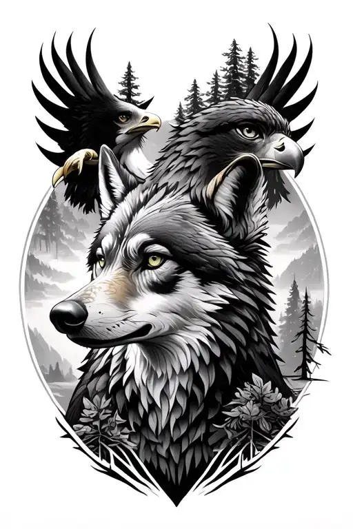 wolf, eagle, and trees tattoo design idea