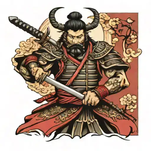 full Japanese Samurai warrior striking pose holding two swords tattoo design idea