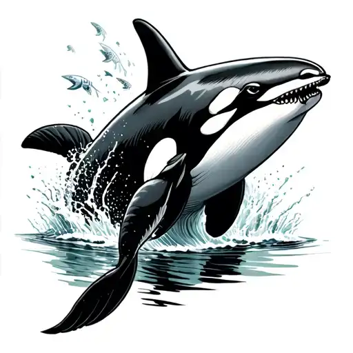 Orca, jumping out of water traditional style with dead fish on head. tattoo design idea