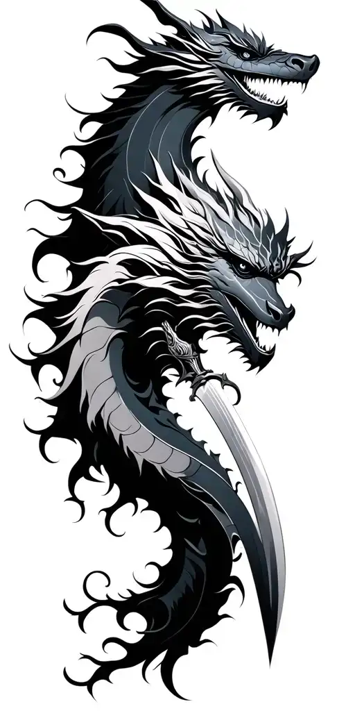 dragon and lady head profile holding sword tattoo design idea