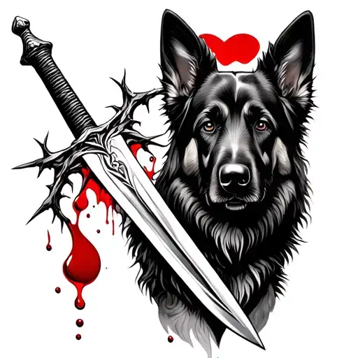 A sword intertwined with thorns and blood droplets with a german shepherd behind it tattoo design idea
