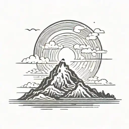 single island with volcanique, wind blowing chinese cloud, Sun shining tattoo design idea